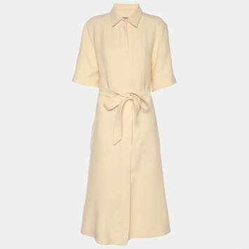 Pre Owned Burberry Beige Wool Blend Belted Midi Dress L