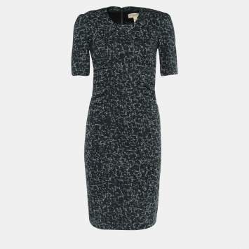 مملوكة مسبقًا Burberry Black & Green Wool Blend Printed Sheath Dress XS