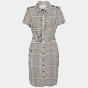 Pre Owned Burberry London Grey Checkered Cotton Belted Shirt Dress L
