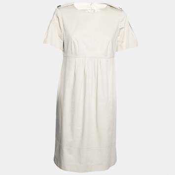 مملوكة مسبقًا Burberry London Beige Cotton Pleated Front Crew Neck Flared Dress M