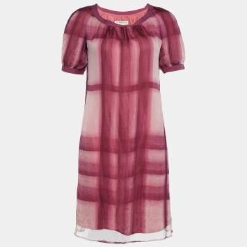 Pre Owned Burberry Pink Ombre Check Print Silk Shift Dress XS