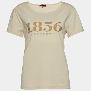 مملوكة مسبقًا Burberry London Beige Logo Print Stretch Cotton Worley Crew Neck T-Shirt L