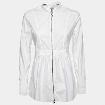 Pre Owned Burberry White Cotton Zip Front Long-Sleeve Top S 