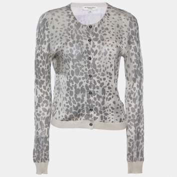 Pre Owned Burberry London Beige Animal Printed Silk Knit Button Front Cardigan XS