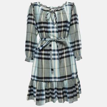 Pre Owned Burberry Green Checked Cotton Ruffle Detailed Short dress M