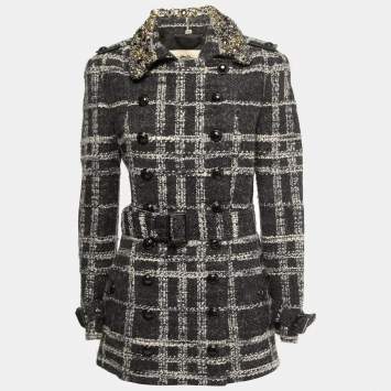 Pre Owned Burberry London Black/Grey Checked Wool Embellished Collar Coat M