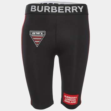 Pre Owned Burberry Black Stretch Knit Logo Detailed Waist Side Stripe Cycling Shorts XS
