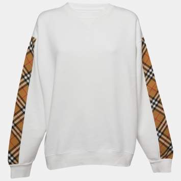 Pre Owned Burberry White Cotton-Blend Vintage Check Detail Sweatshirt S