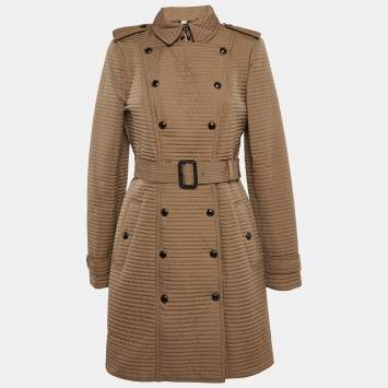 Pre Owned Burberry Brown Synthetic Quilted Double Breasted Mid-Length Coat S