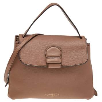 Pre Owned Burberry Brown Leather And House Check Fabric Medium Camberley Top Handle Bag