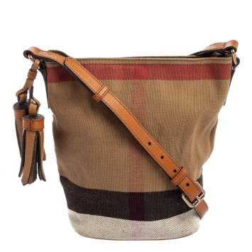 Pre Owned Burberry Brown House Check Canvas and Leather Small Ashby Bucket Bag