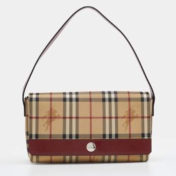 Pre Owned Burberry Beige/Rust Red Haymarket Check PVC And Leather Shoulder Bag