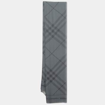 Pre Owned Burberry Grey Giant Check Jacquard Chiffon Scarf 