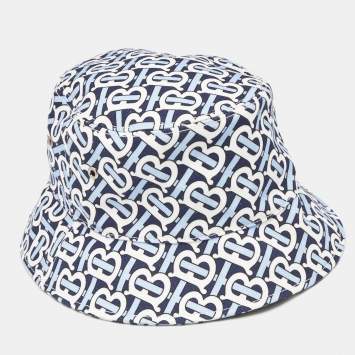 Pre Owned Burberry White/Blue TB Monogram Cotton Bucket Hat