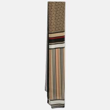 Pre Owned Burberry Archive Beige Triple Checks Stripe Montage Print Silk Scarf