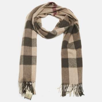 Pre Owned Burberry Smocked Brown Half Mega Check Cashmere Scarf