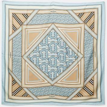 Pre Owned Burberry Pale Blue Montage Print Silk Square Scarf