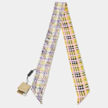 Pre Owned Burberry Yellow/Brown Checked Silk Bandeu Scarf