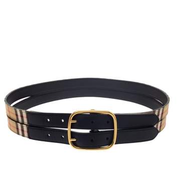 Pre Owned Burberry Black/Beige House Check Canvas and Leather Lynton Double Strap Belt 85CM
