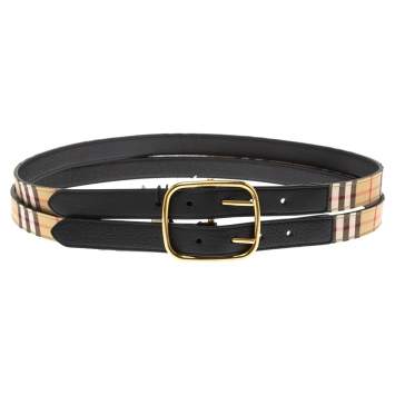 Pre Owned Burberry Beige/Black House Check Fabric and Leather Lynton Double Strap Belt 90CM