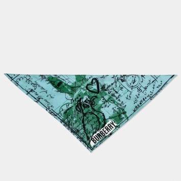 Pre Owned Burberry Mineral Blue Postcard Printed Silk Triangular Scarf/Wrap