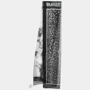Pre Owned Burberry Black/White Angel Leopard Print Silk Chiffon Scarf