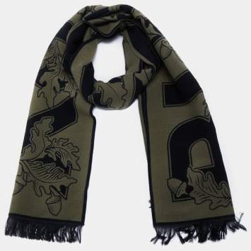 Pre Owned Burberry Fern Green Logo Oak Leaf Wool & Silk Football Scarf