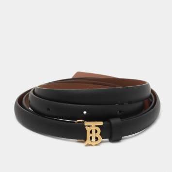 Pre Owned Burberry Black/Brown Leather TB Logo Slim Reversible Belt L