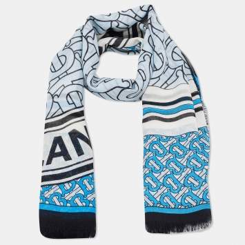 Pre Owned Burberry Blue Monogram Printed Silk & Wool Scarf