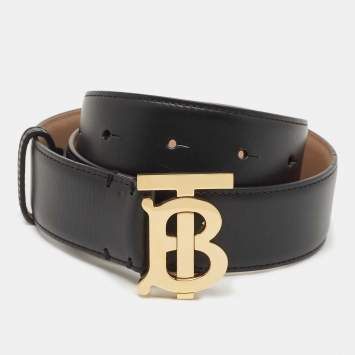 Pre Owned Burberry Black Leather TB Logo Buckle Belt S