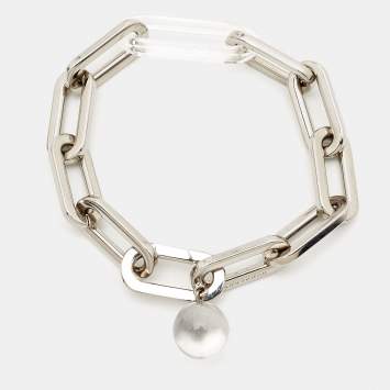 Pre Owned Burberry Palladium Plated Chain Link Glass Ball Charm Bracelet