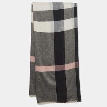 Pre Owned Burberry Grey/White Mega Checked Modal and Silk Sqaure Scarf