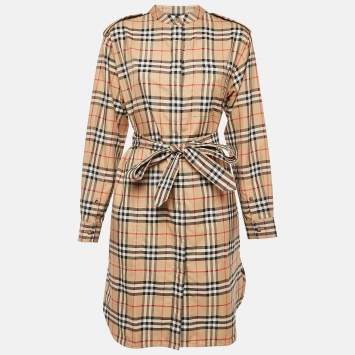 Pre Owned Burberry Brown Plaid Cotton Belted Shirt Dress M