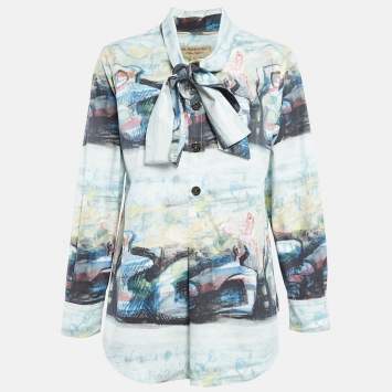 Pre Owned Burberry Multicolor Cotton Tie-Up Neck Full Sleeve Top M