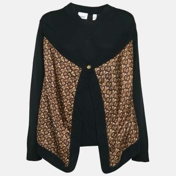 مملوكة مسبقًا Burberry Black Merino Wool Monogram Panel V-Neck Cardrona Jumper S