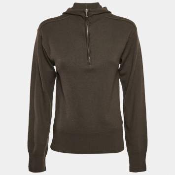 Burberry Otter Brown Wool Half Zip-Up Hooded Sweater XS