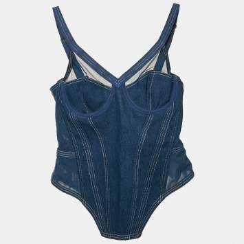 Pre Owned Burberry Blue Denim and Mesh Bustier Corset Top M