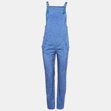 Pre Owned Burberry Warm Royal Blue Synthetic Leather Trim Dungarees XS
