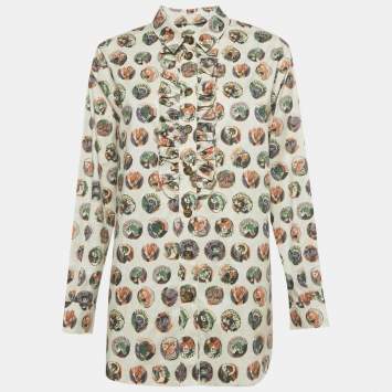مملوكة مسبقًا Burberry Beige Mask Print Cotton Ruffle Detail Shirt M
