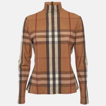Pre Owned Burberry Brown Vintage Check Jersey Turtleneck Top L