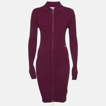 Pre Owned Burberry Burgundy Rib Knit Zip-Up Midi Dress S