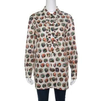 Pre Owned Burberry Beige Monster Mask Print Ruffle Detail Shirt L
