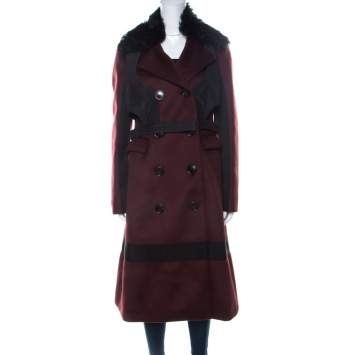 Pre Owned Burberry Prorsum Black Cherry Cashmere Detachable Fur Collar Trench Coat L