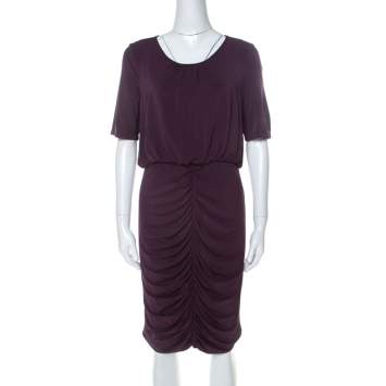 Pre Owned Burberry Purple Jersey Ruched Short Sleeve Dress L