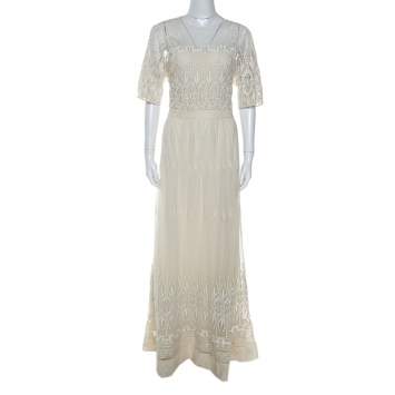 Pre Owned Burberry Cream Lace Short Sleeve Maxi Dress L