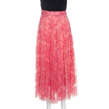 Pre Owned Burberry Pink Pleated Lace Wilton Midi Skirt L