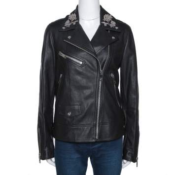 Pre Owned Burberry Black Floral Embroidered Leather Peebles Jacket M