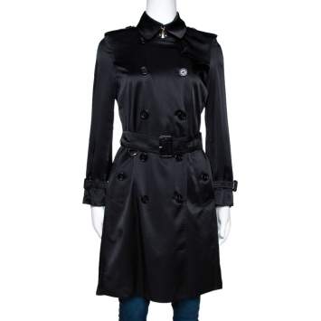 Pre Owned Burberry Black Silk Belted Kensington Trench Coat XS