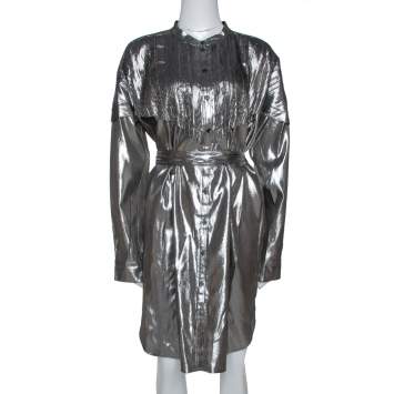 Pre Owned Burberry Metallic Silver Silk Lamé Belted Shirt Dress L