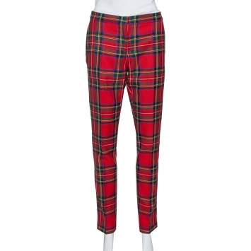 Pre Owned Burberry Red Tartan Check Wool Tailored Trousers L